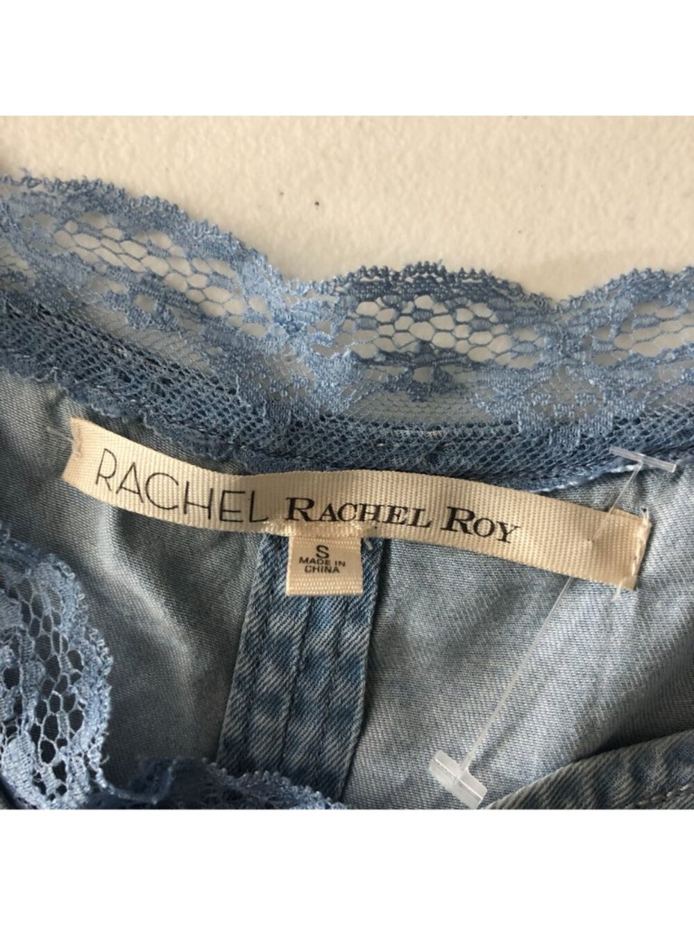 Rachel Roy Chambray Slip Dress Lace Trim Hi Low Hem Pockets Blue S - Picture 3 of 4